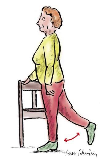 33 VINDEN VINER Veckans rörelse REDSKAP: Stol Stå bredvid en stol med ena foten ett steg framför den andra. För över vikten från ben till ben genom att gunga framåt och bakåt.