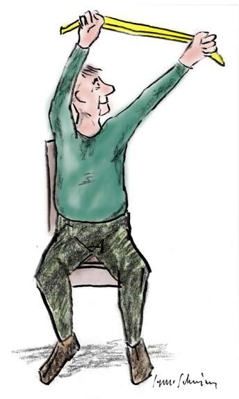 37 HÄNGA TVÄTT Veckans rörelse REDSKAP: Badrocksbälte eller lång badhandduk,därtill stol (i den lättare varianten) Börja din motionsstund med att gå raskt på stället stående Stå axelbrett eller sitt