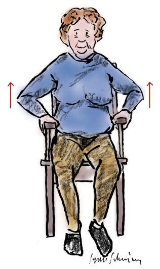 42 UPP MED ARMKRAFT Veckans rörelse REDSKAP: Stol med armstöd, därtill kudde (i den lättare varianten) Sitt på en stol med händerna på armstöden. Lyft baken från stolen med armkraft.