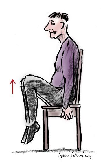 46 KNÄNA UPP OCH NER Veckans rörelse REDSKAP: Stol, därtill hoprullad handduk (i den svårare varianten) Sitt på en stol med knäna ihop. Lyft upp knäna i rask takt och sänk benen långsamt.