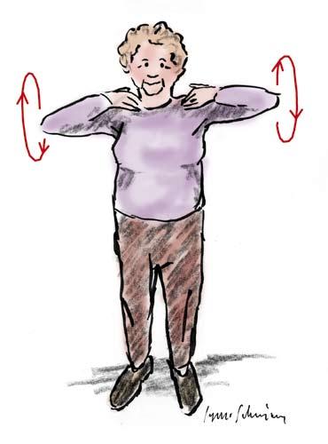 51 RITA STORA BOLLAR Veckans rörelse REDSKAP: Stol (i den lättare varianten) Börja din motionsstund med att gå raskt på stället stående Stå axelbrett med fingrarna på axlarna.