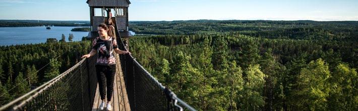 utsikt över sjö och skog. Där väntar kaffe/tee samt fralla, frukt och saft.