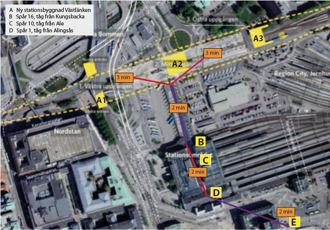 2 min 2 min 2 min E Uppskattade förflyttningstider: Station Centralen perrong markplan Promenad