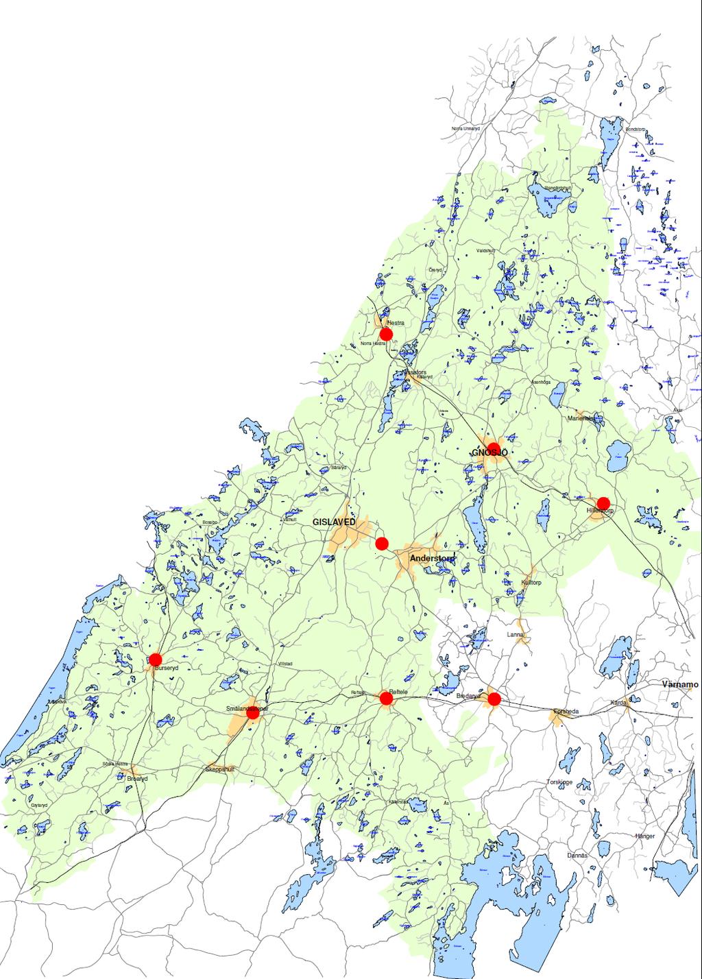 Figur 4.1, Räddningsstationernas placering i Gislaved och Gnosjö kommuner. Bredaryd ligger i Värnamo kommun.