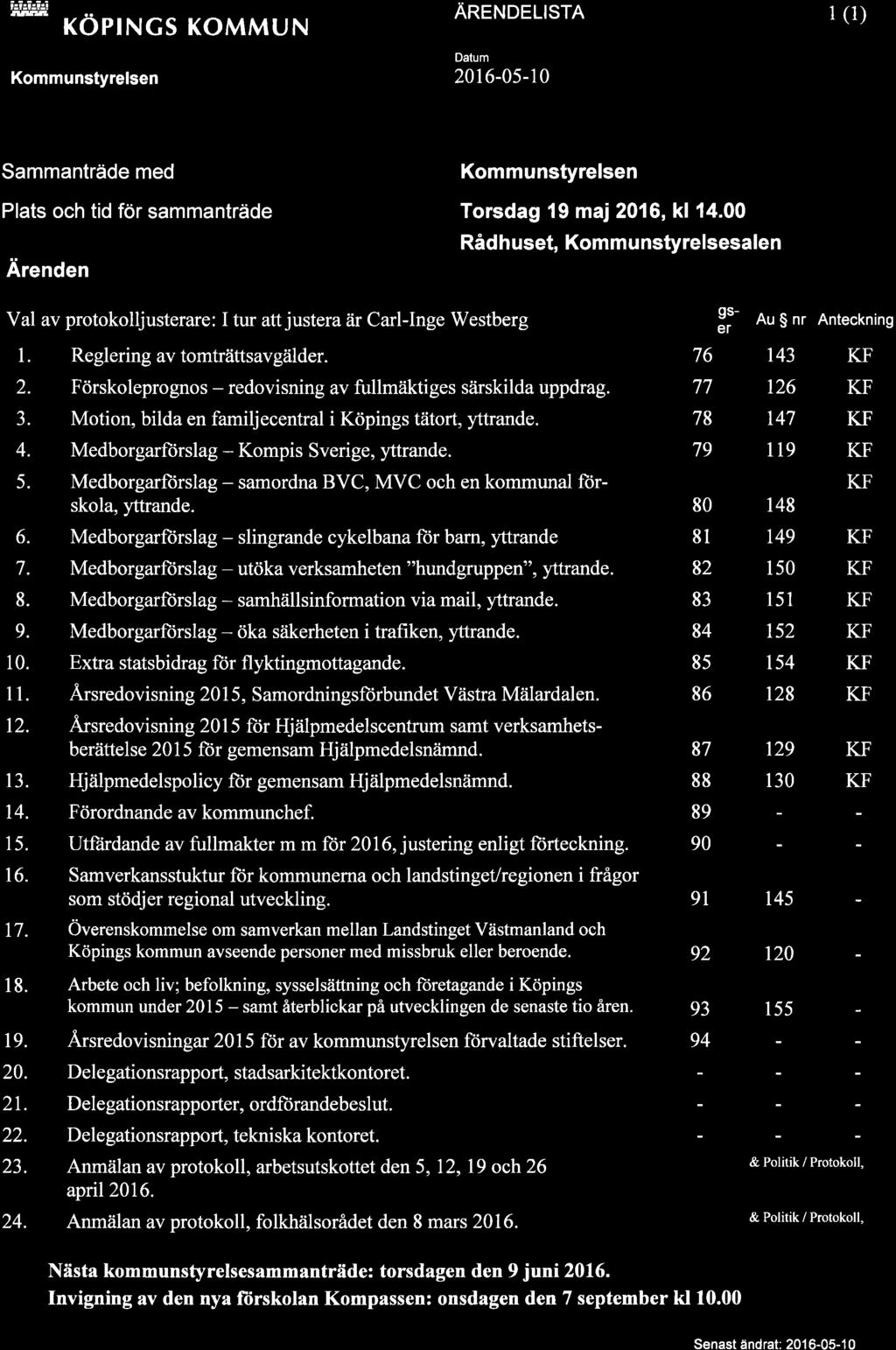 H åi.'ie m xöprncs KoMMUN Kommunstyrelsen AReruoeusrR 2016-05-10 1 (1) Sammanträde med Plats och tid för sammanträde Ärenden Kommunstyrelsen Torsdag l9 maj 2016, kl 14.