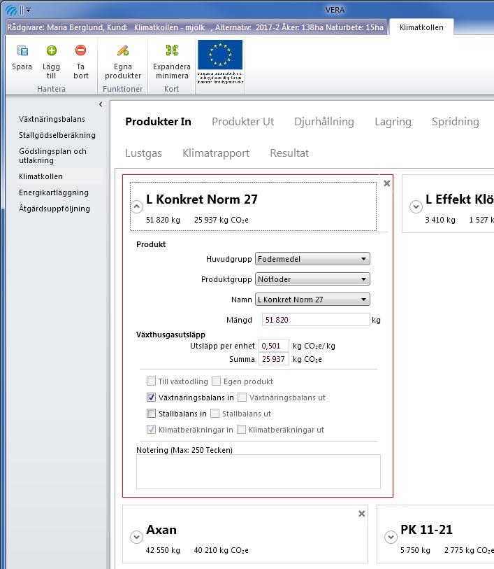 Fliken Produkter IN Uppgifterna som matas in här används för att beräkna klimatavtrycket (kg CO 2 e) från produktion samt användning (gäller energi) av de insatsvaror som tas in till gården.