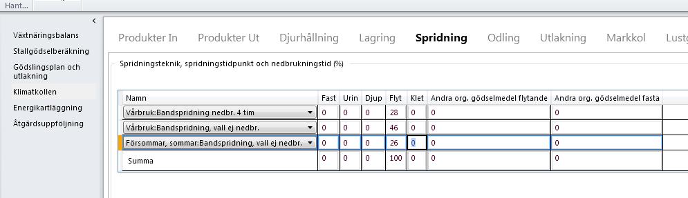 Fliken Spridning Samma flik som i Stallgödselberäkning. Ändringar som görs i Klimatkollen slår igenom i Stallgödselberäkning, och vise versa.