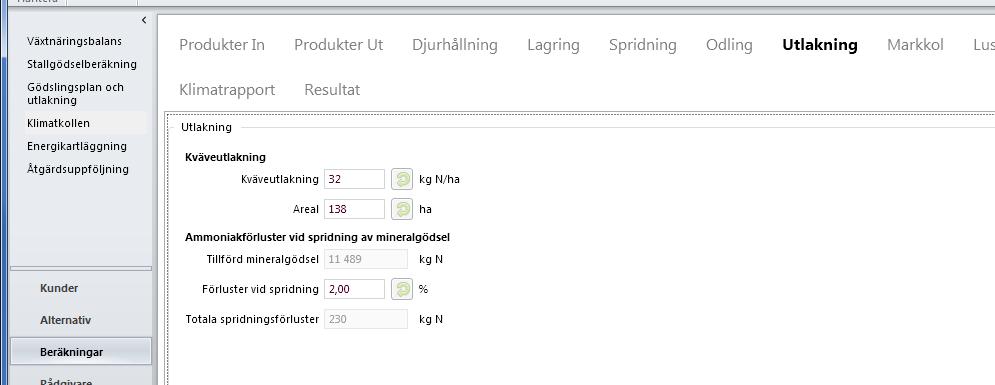 Fliken Utlakning Unik flik för Klimatkollen. Uppgifter som läggs in här påverkar inte andra beräkningsdelar i VERA.