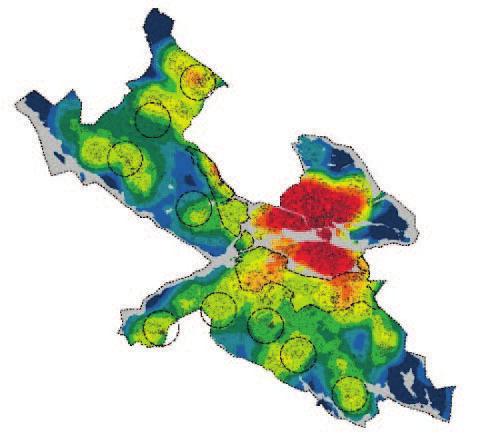 Stockholms stads befolkningstäthet (röd=över 150 personer/hektar) i nuläget. Idag bor 330 000 människor i innerstaden. Det motsvarar enbart 16 % av länets 2,1 miljoner invånare.