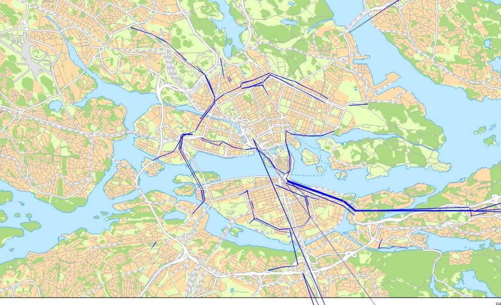 Figur 14 Kartan visar alla busstråk (blåa linjer) i JA år 2030 med en belastning på minst 500 resor under maxtimmen i den dimensionerade riktningen I 4.