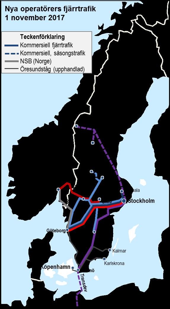 Figur 4.4: Konkurrerande interregional tågtrafik i november 2017.