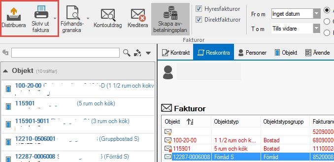 DISTRIBUERA ENSTAKA FAKTURA Om det endast är en faktura du vill distribuera (eller göra det igen om exempelvis en hyresgäst tappat bort sina fakturor), kan du markera en enstaka faktura och välja