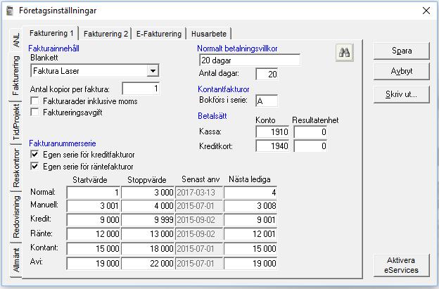 Kom igång med fakturering Företagsinställningar Gör de inställningar som ska gälla för faktureringen. Gå till menyn Arkiv - Företagsinställningar - Fakturering 1.