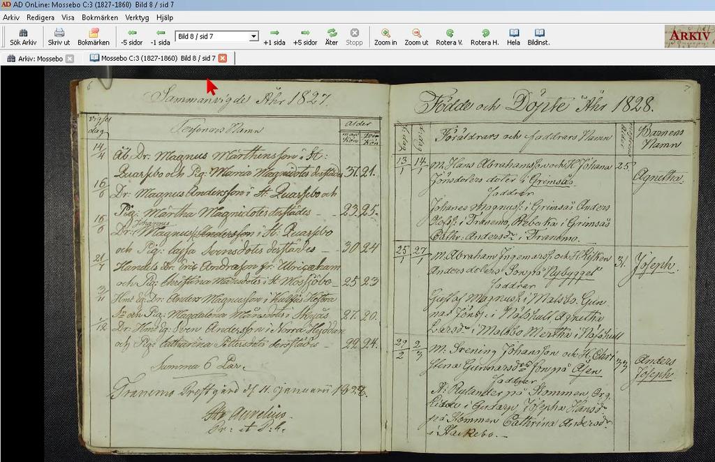 Bläddra sida för sida Leta först fram rätt årtal 1828. Leta sedan efter namnet.