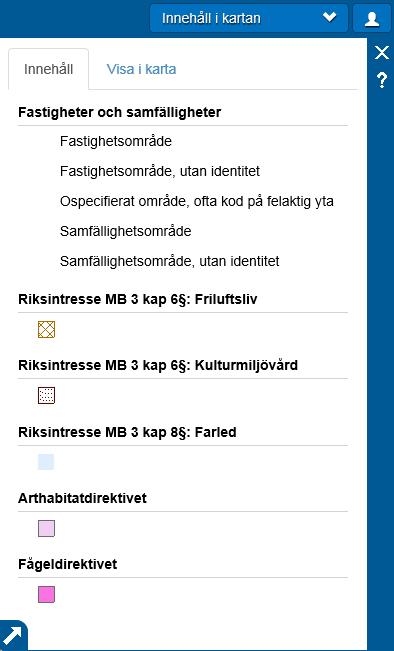 Teckenförklaring Fliken Innehåll visar teckenförklaring av de aktiva lagren, som syns i kartan.