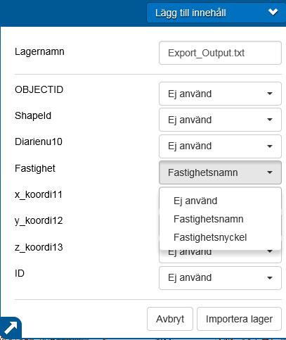 Lägga till en textfil Om man har en Excelfil som innehåller fastighetsbeteckning eller X-, Y- koordinater kan man spara den som en CSV-(kommaseparerad) fil eller som en TXT-(text) fil och få ut dessa