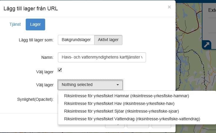 Klicka på URL för att lägga till en WMS. Kopiera länken till valfri visningstjänst och klistra in i fältet för URL. Markera valet OGC webbkarttjänst. Klicka på Nästa.