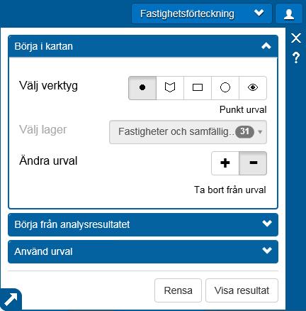 Analysverktyget Fastighetsförteckning finns vid Identifiera under fliken Analys.