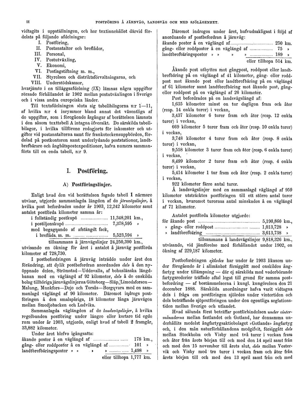 II POSTFÖRING Å JÄRNVÄG, LANDSVÄG OCH MED SJÖLÄGENHET. vidtagits i uppställningen, och har toxtinnehållet därvid fördolats på följando afdelningar: I. Postföring, II. Postanstaltor och broflådor, III.