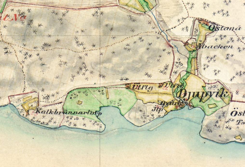 Detta är ett utdrag ur Häradskartan från år 1868. Här ses beteckningen Utflg för Västergården och Mellangården. Det står för utflyttad lägenhet. Observera att ängsmarken ännu inte är uppodlad.