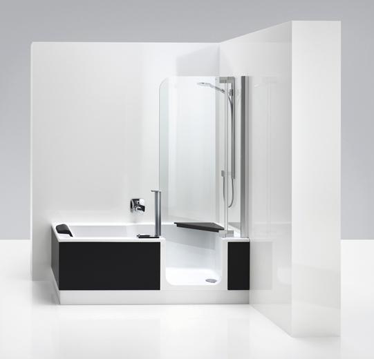 - Böjt badkar med ett extra generöst duschutrymme - Böjd duschdörr i säkerhetsglas för att ge största möjliga utrymme vid duschning - Det integrerade sätet i duschen kan lätt tas bort för rengöring -
