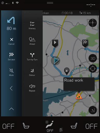 Skiftar kartvisning mellan 2D och 3D Återställer kartan till att följa bilen Intressepunkt (POI 1 ) Trafikinformation Minimerar (expanderad vy) eller maximerar kartbild (fullskärm) Bilen på planerad