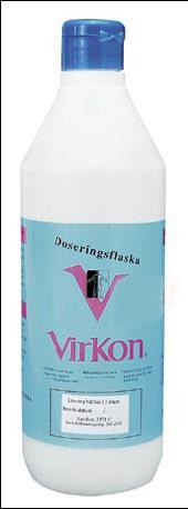 Hållbarhetstid: Inverkningstid: Eftersköljning: VirKon 5 dagar Ca 10 min (Torrt) Dosering: 1% (1påse/1l vatten) vid behov,