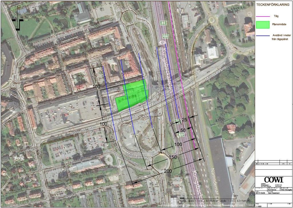 18 RISKUTREDNING KV. KUNGSFISKEN, MÖLNDAL Figur 9. Illustration över avstånd mellan Västkustbanan och studerat område. 3.