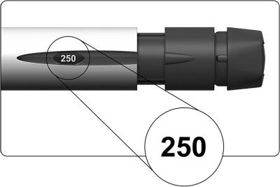 Dosdisplayen ska visa 250 såsom visas i figuren nedan. 5. Injicera dosen 5.1 Välj ett injektionsställe i det område där läkaren eller sjuksköterskan har sagt att du ska ge injektionen. 5.2 Rengör huden på injektionsstället genom att torka det med en spritsudd.