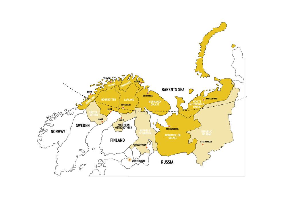 16 Core area Russia: Finland: Murmansk Oblast, Arkhangelsk Oblast, Nenets Autonomous Okrug Lapland Sweden: Norrbotten Norway: Nordland, Troms, Finnmark fylke Adjoining regions