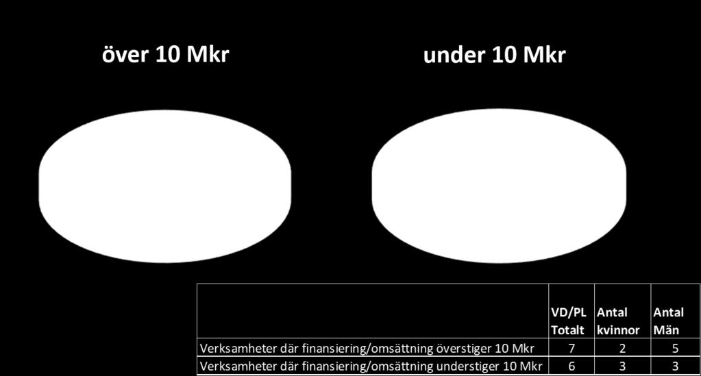 Verksamheternas totala finansiering/omsättning: Av de verksamheter som har en finansiering/omsättning på över 10 Mkr är en större andel VD:ar/projektledare män, det vill säga 71 %.