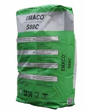 EMACO S88C Tixotropiskt reparationsbruk för maskinell och handapplicering Emaco S88C är ett tixotropt och formbart reparationsbruk för underuppytor och vertikala applikationer.