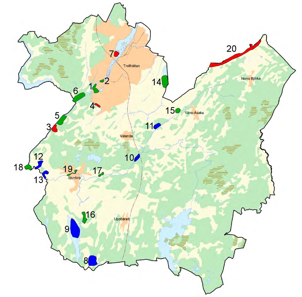 Figur 1. Karta över Trollhättans kommun med de inventerade lokalerna. Siffrorna anger lokalens nummer och färgen visar lokalernas värde för fladdermöss.