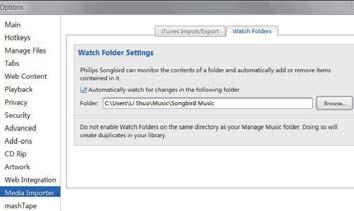 Ställa in övervakningsmappen I Philips Songbird ställer du in övervakningsmappen enligt följande: 1 Välj Tools (Verktyg) > Options (Alternativ).