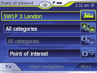 Navigering I menyn Point of interest (Intressant plats) trycker du på skärmknappen... in a town (... på en ort). Undermenyn visas. Observera!
