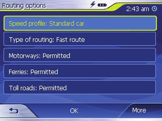Bestämma alternativ för rutt Menyn Routing options (Alternativ för rutt) visas. Tryck på fältet Speed profile (Hastighetsprofil) för att växla mellan de profiler som visas.