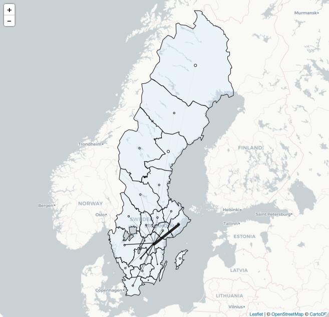 Figur 17: Vänster: Spridningen av resor ut från Östergötlands län, baserat på mobilnätsdata för september och oktober 2017.