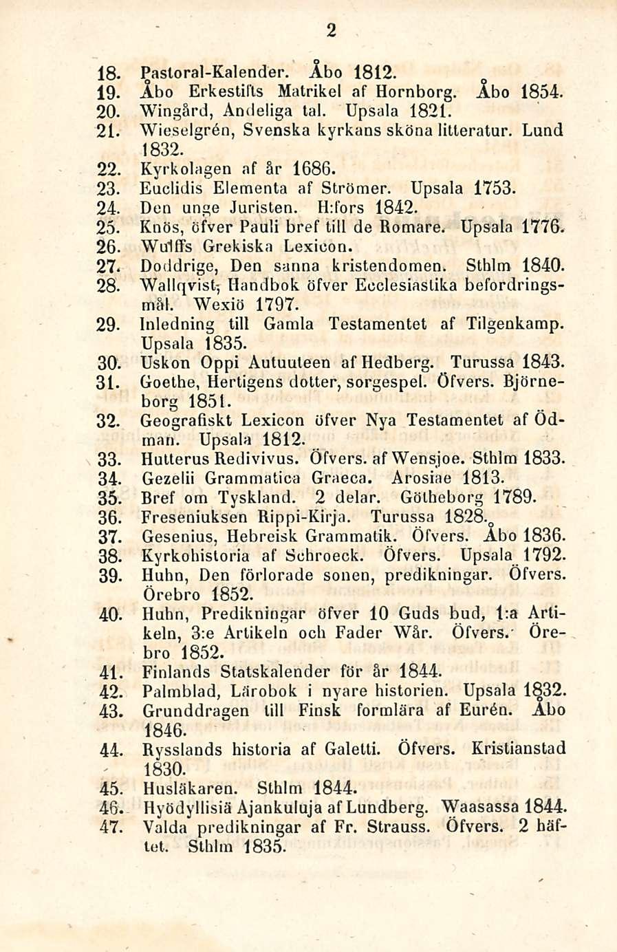 18. 19. 20. 21. 2 Pasloral-Kalender. Åbo 1812. Åbo Erkestifls Matrikel af Hornborg. Åbo 1854. Wingård, Andeliga tai. Upsala 1821. Wieselgren, Svenska kyrkans sköna litteratur. Lund 1832. 22.