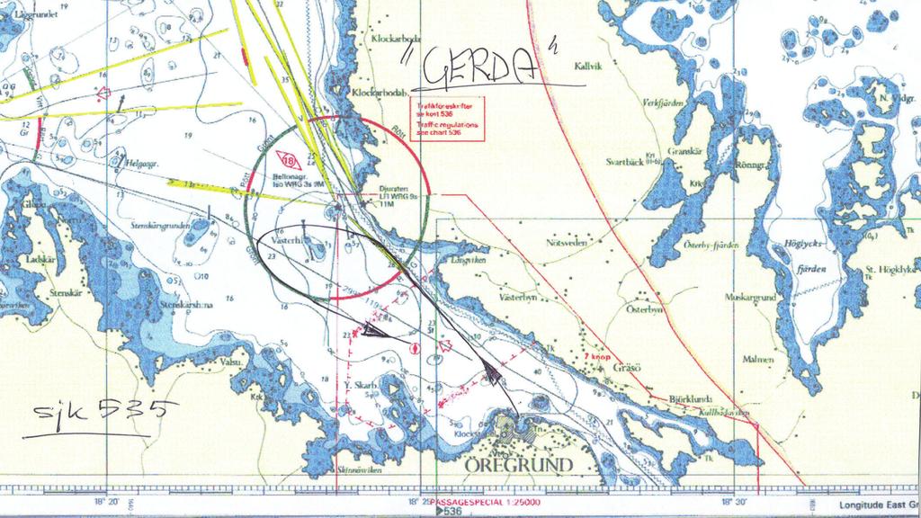 Rapport Passagerarfartyget Gerda Gefle -SJPL- grundstötning den 18 augusti 2007 Befälhavarens skiss av den planerade färdvägen väster om Bellonagrundet Befälhavaren diskuterade den planerade