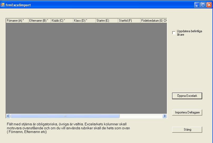 SSF Timing Manual Alpint 2014-2015 Sparat datum 2014-12-30 Rev: 2015.0.1 Sid 19(52) 1. Skapa en Excel-fil med förnamn, efternamn, klubb, klass och eventuellt startnummer (se kolumner i fönstret). 2. Fält med stjärna är obligatoriska (Förnamn, Efternamn, Klubb, Klass) 3.