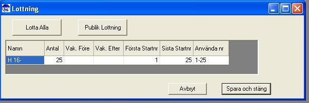 SSF Timing Manual Alpint 2014-2015 Sparat datum 2014-12-30 Rev: 2015.0.1 Sid 25(52) I lottningsfönstret kommer klassnamnen i den klassordning som angavs i klassfönstret, antal anmälda i varje klass hämtas upp automatiskt.