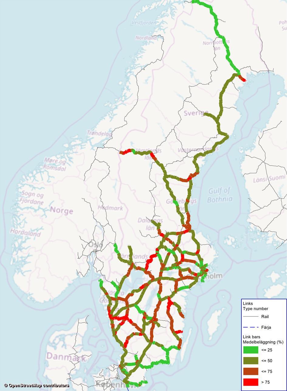 68 Figur 5.15: Genomsnittlig medelbeläggning i tågen på järnvägsnätet i Sverige, personkilometer/platskilometer för totala resandet (långväga och regionala).