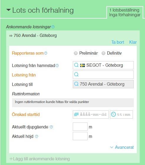 Användarguide 21 Ankommande lotsning Du anger om den ankommande lotsningen ska rapporteras som Preliminär eller Definitiv.