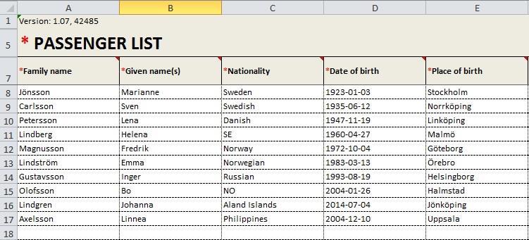 44 Användarguide Family name: ange personens efternamn Given name(s): ange personens förnamn Nationality: ange land, landskod (se flik för referensdata) eller nationalitet Date