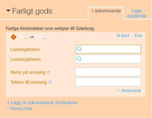 Användarguide 79 Farligt gods Har fartyget ankommande farligt gods från en icke EU-hamn eller ska lasta farligt gods (avgående) i svensk hamn ska detta rapporteras.