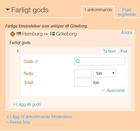 80 Användarguide Sedan anger du typ av gods och godsets vikt.