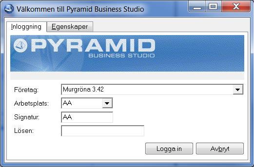Inloggning till Pyramid efter nyinstallation Inloggning sker via den genväg/ikon som arbetplatsinstallationen skapade. Inloggningsprogrammet kan också startas direkt via t ex Utforskaren.