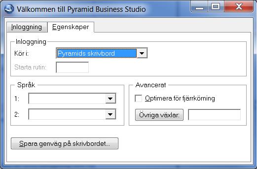 Vem som loggat in och när visas i rutin 877 Historik inloggning. I inloggningsdialogen anges signatur och eventuell arbetsplats och lösenord. Fliken Egenskaper Kör i: Pyramids skrivbord/eget fönster.