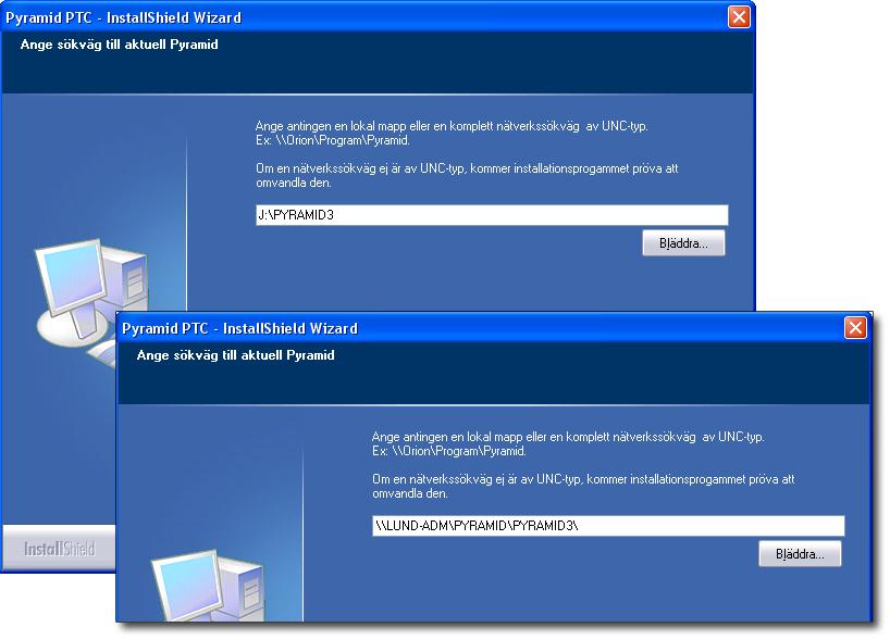 I det fall sökvägen inte är en UNC-typ, kommer installationsprogrammet att försöka omvandla den, se exempel i bilden nedan I nästa dialog visas underliggande datakataloger.