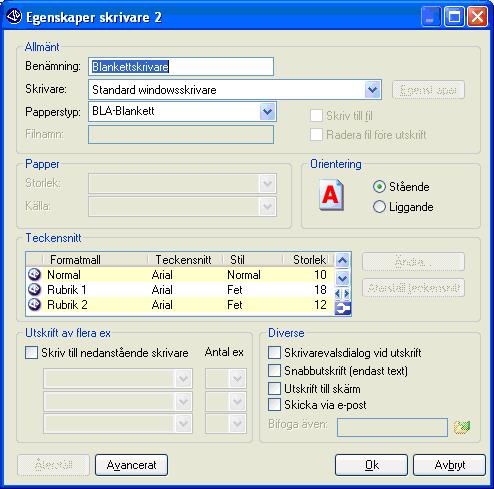 Rutin 841, egenskaper skrivare Ändra skrivare på arbetsplatsen, Fliken Inställningar. Exemplen avser skrivare 2. obs! Förändringen gäller bara för den arbetsplats som är markerad.
